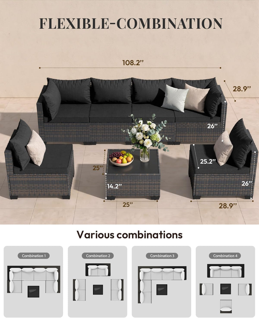 WWR 7 Piece Outdoor Patio Furniture Set, All-Weather Modular PE Wicker Sectio...