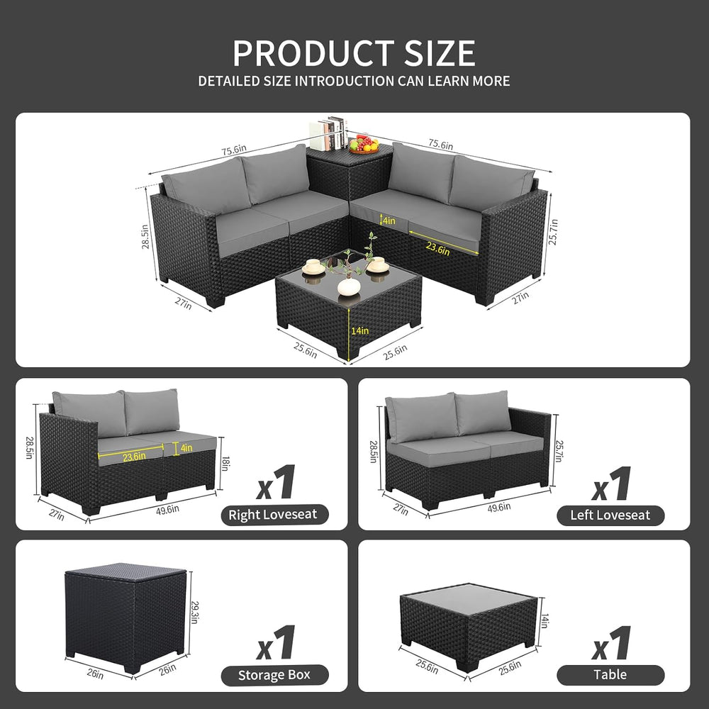 WAROOM Patio Furniture Set 4 Piece Conversation Sets Black Rattan Outdoor Cou...