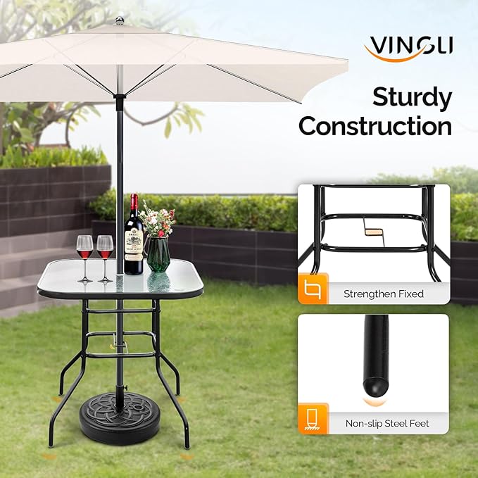VINGLI Glass Patio Table with Umbrella Hole, 32" Square Outdoor Dining T...