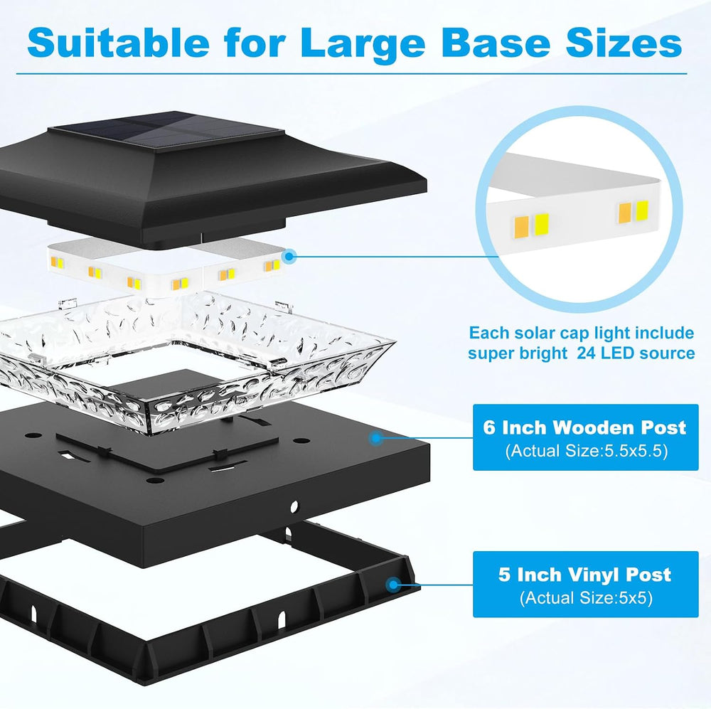 Black Solar Post Cap Lights, Fits 5x5 5.5x5.5 6x6 Posts, 6 Pack