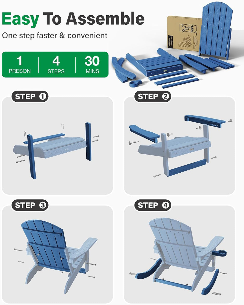 YEFU Adirondack Rocking Chairs Set of 4, with Footrest, 5-Level Adjustable