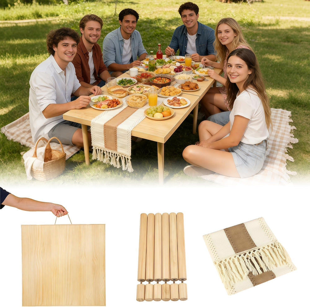 Portable Wooden Picnic Table, 60" x 30" Large Boho Low Floor Table