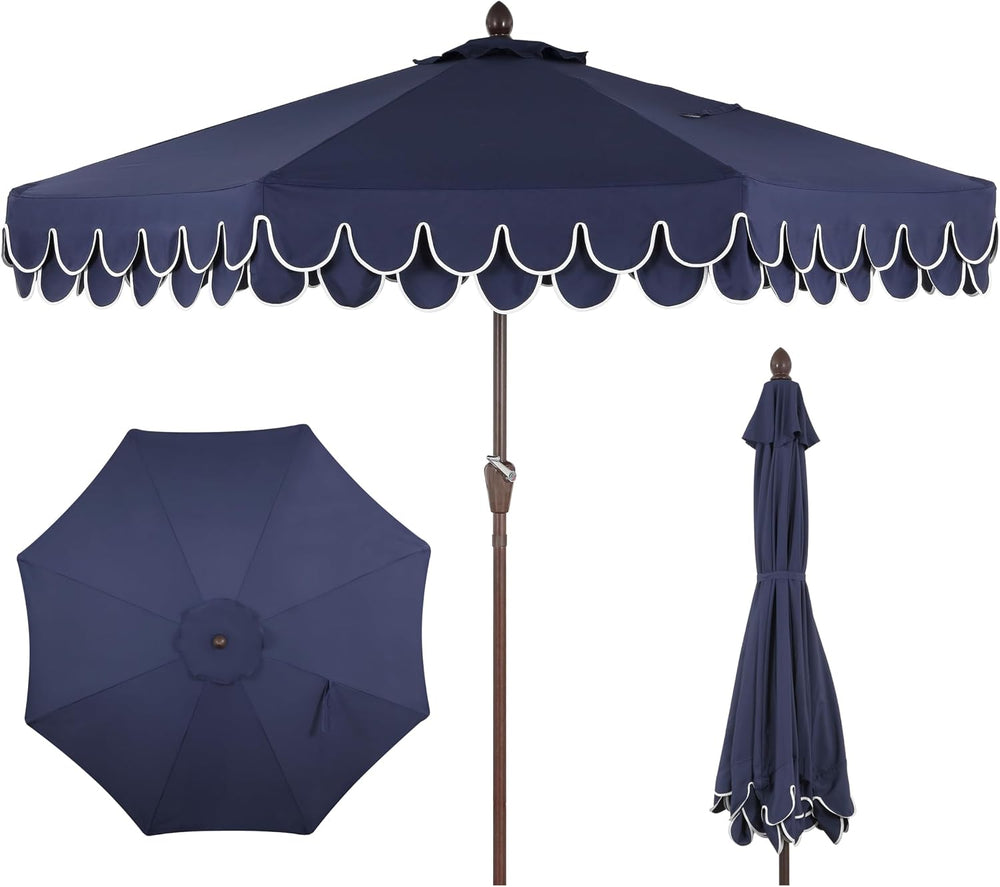 JONATHAN Y Tracy 9' Scalloped Market Patio Umbrella, Navy/Dark Brown