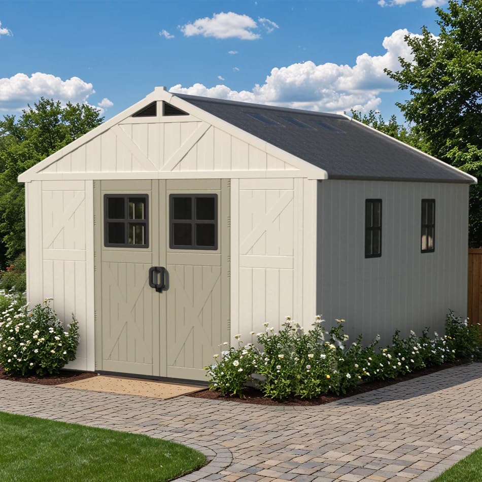 Patiowell 10x12 FT Resin Outdoor Storage Shed with Floor and Skylight,Beige