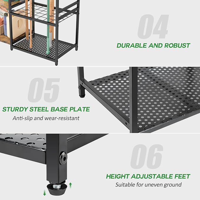 Garage Tool Organizer with 2-tier Wooden Shelves, Yard Tool Organizer for Gar...