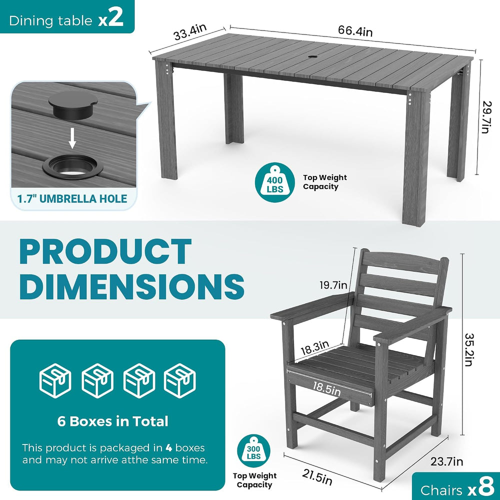 Dining Table Set, 10-Piece HDPE Outdoor Dining Set for 8, Gray
