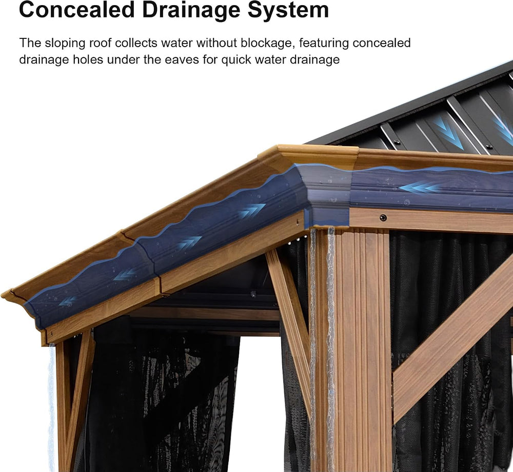PURPLE LEAF Hardtop Gazebo 10' x 12' with Drainage System, Wood Grain...
