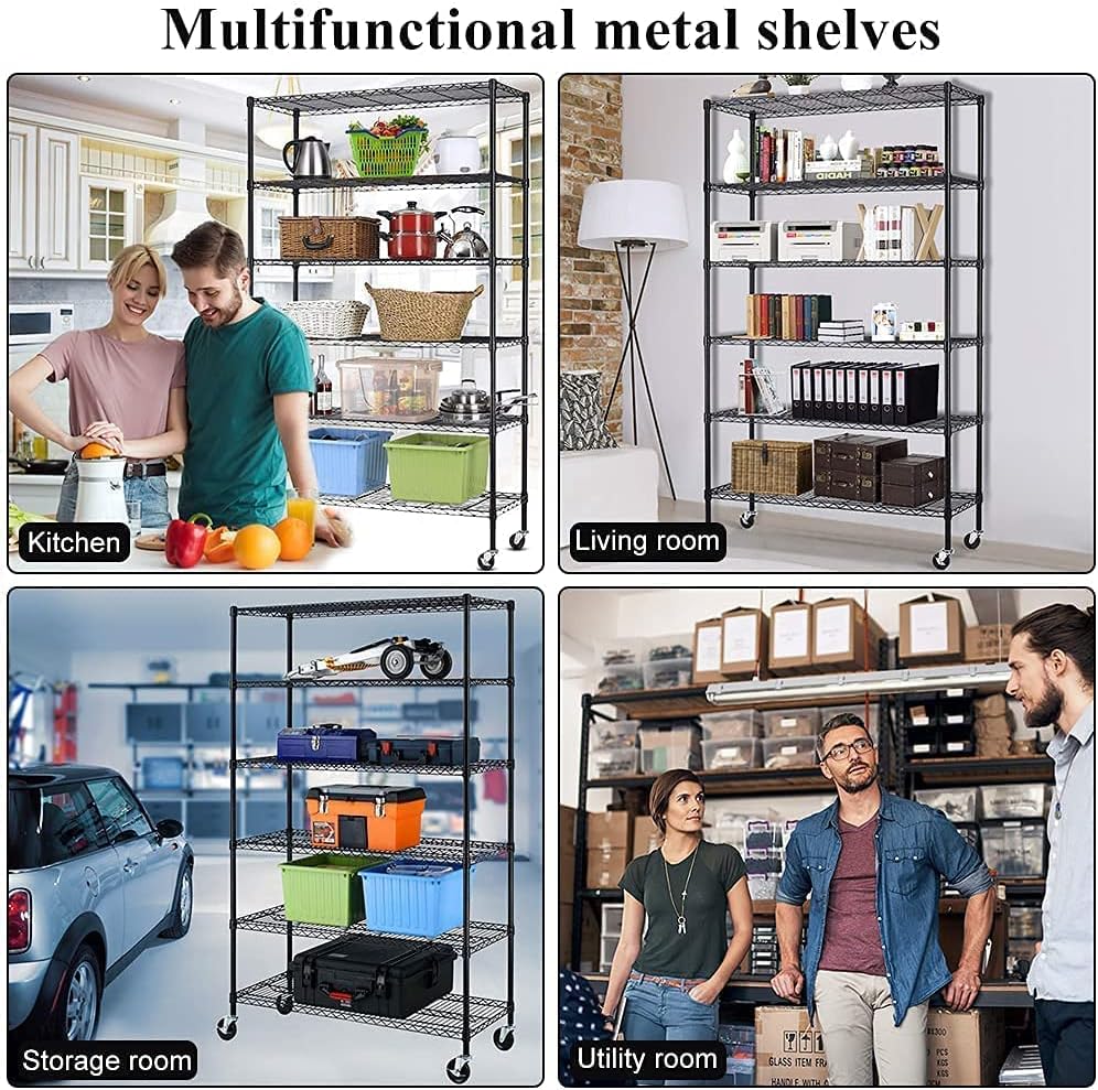 6-Tier Storage Shelves, Heavy Duty Metal Shelving Unit with Wheels | Rust-Res...