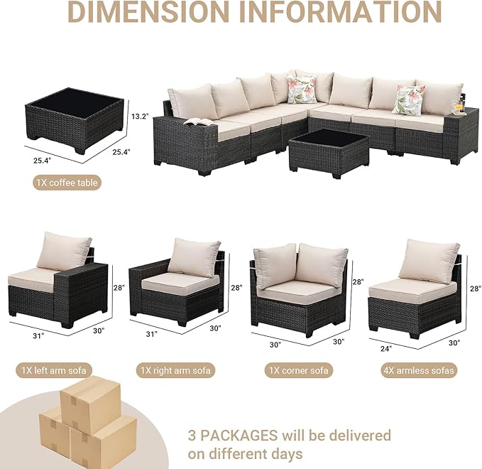 Jing's Villa 8-Piece Patio Furniture Set, All-Weather Outdoor Wicker Sect...