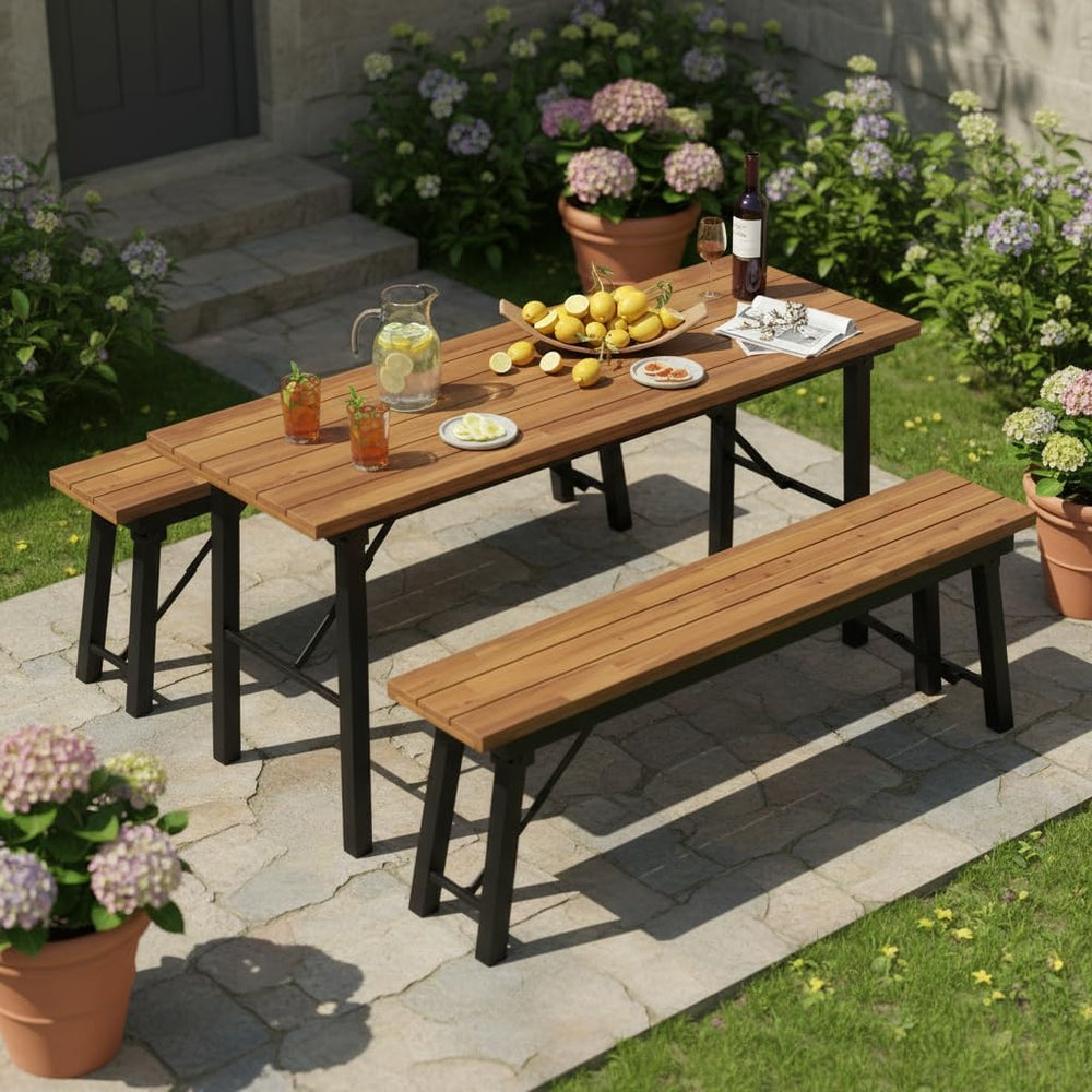 Tangkula Outdoor Folding Bench Set of 2, 55” 2-3 Person Acacia Wood Backless ...