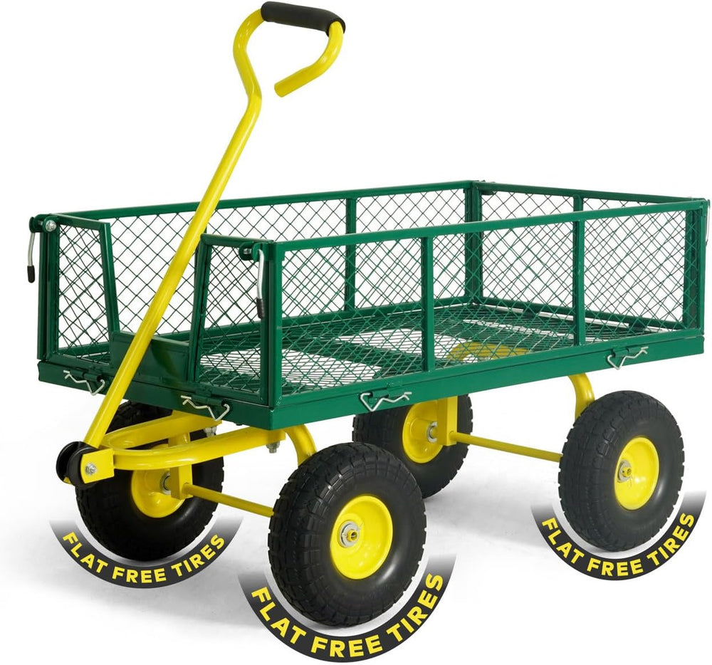 CAPHAUS Metal Green Garden Cart, w/ 180° Adjustable Yellow Handle, w/Mat and ...