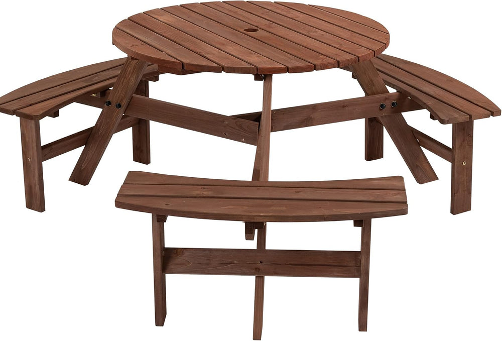 6 Person Wood Picnic Table, Outdoor Round Picnic Table with 3 Built-in Benche...