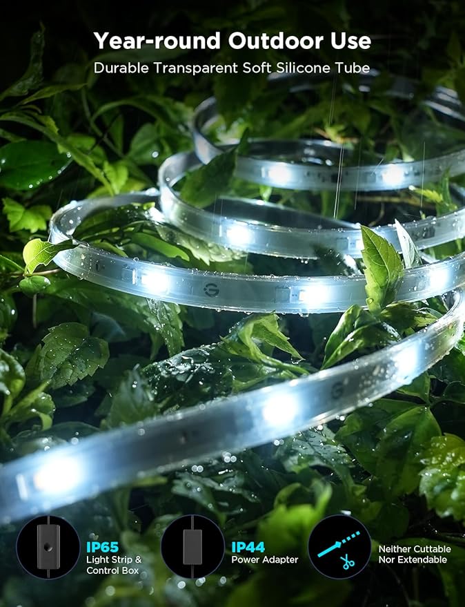 Govee Outdoor LED Strip Lights RGBIC with Warm and Cold White, 65.6ft 2.4G Wi...