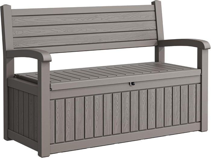 80 Gallon Lockable Deck Bench with Storage, Resin Stripes Outdoor Storage Box, Waterproof Outdoor Porch Bench for Patio Pool and Cushions Garden Tools, Grey