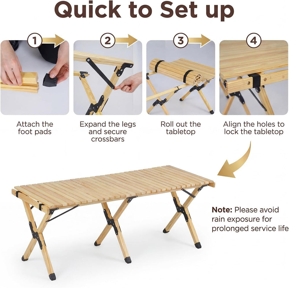 GYMAX 48 Inch Folding Camping Table, Roll-Up Pine Wood Picnic Table with Carr...