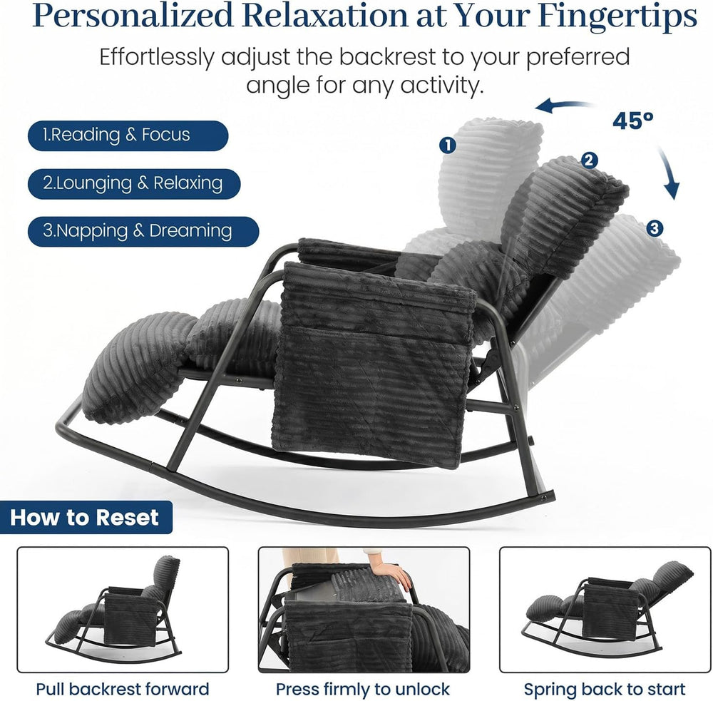 Oversized Corduroy Rocking Chair with Footrest, 3-Level Recliner Gray
