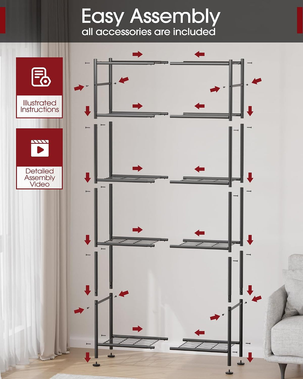 5-Tier Metal Storage Shelves Adjustable Feet, 32"x12"x71", Black