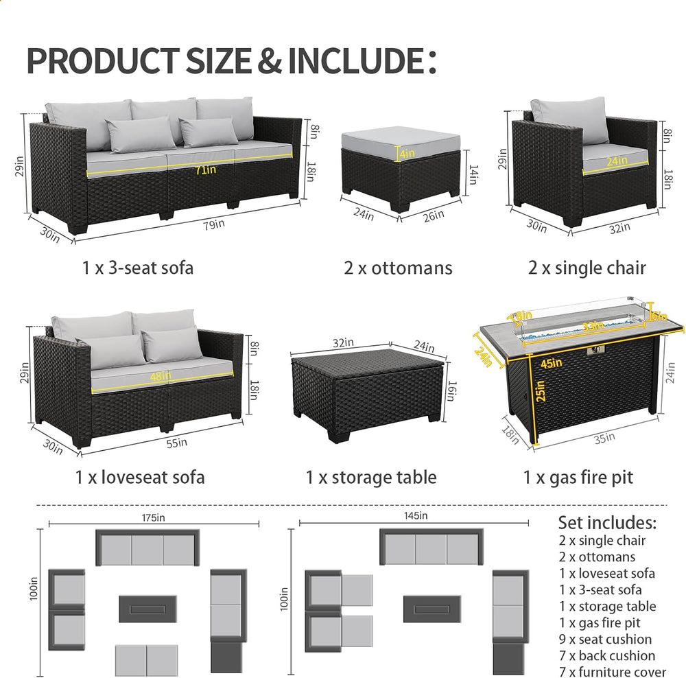 Rattaner 8 PCS Outdoor Furniture Sets 60000BTU 45-Inch Outdoor Propane Fire P...