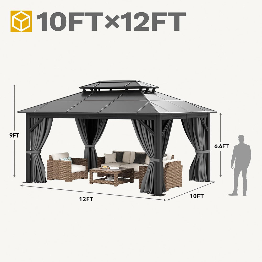 DWVO 10x12ft Gazebo Hardtop Double Roof Polycarbonate Canopy Outdoor with Net...