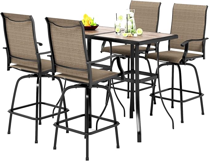 PHI VILLA Outdoor Patio Bar Set of 6, Patio Bar Table and Chair Set with Text...