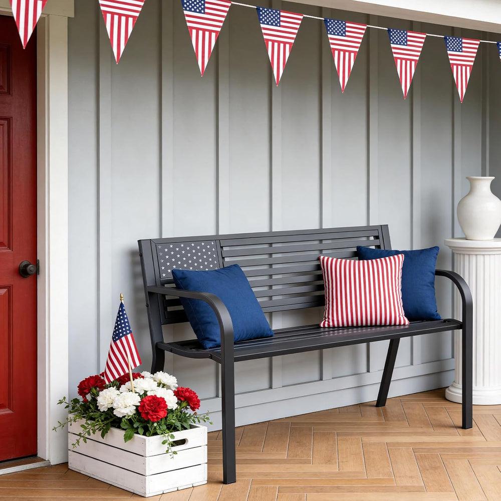Outdoor Garden Bench with Classic Stars and Stripes Metal Backrest 2 Pack, Me...