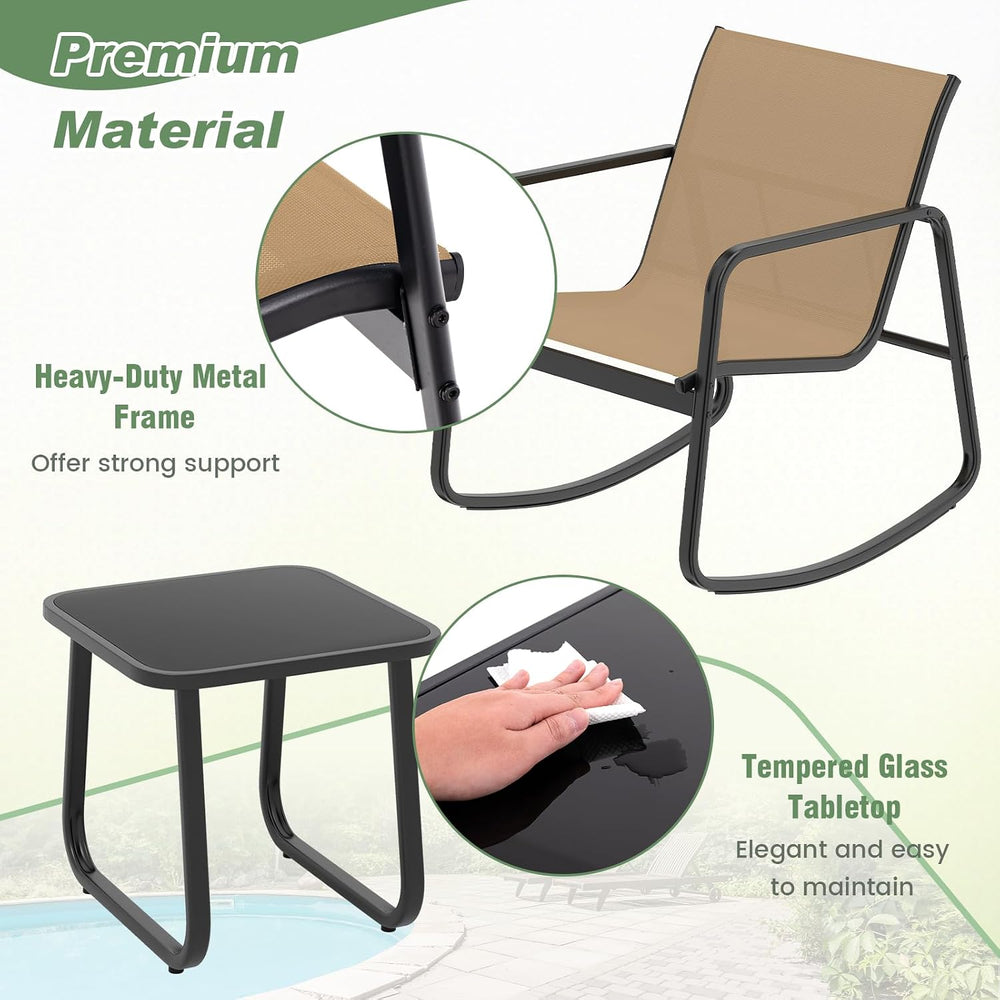 HAPPYGRILL 3 Pieces Patio Rocking Bistro Set with Glass-Top Table, Rocking Bi...