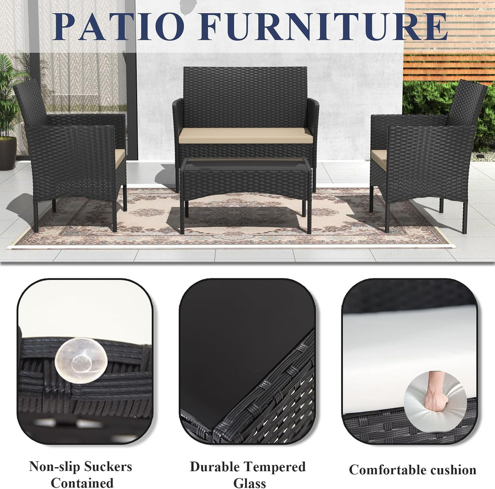ALAULM Outdoor Patio Furniture Set, 4 Pieces Patio Conversation Set Wicker Ch...