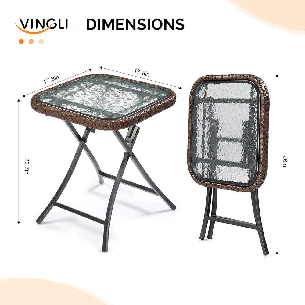 VINGLI 18in Modern Brown Rattan Folding Glass Outdoor Side Table, Small Patio...