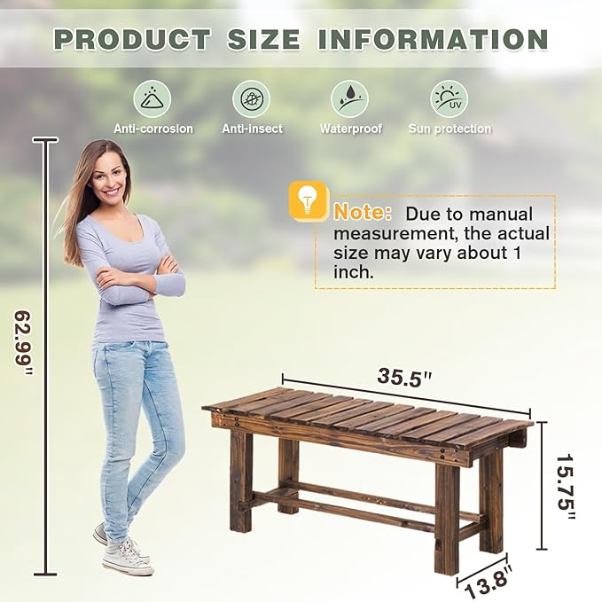 Outdoor Garden Bench, 2-Person Wood Patio Bench Weatherproof Outdoor Backless...