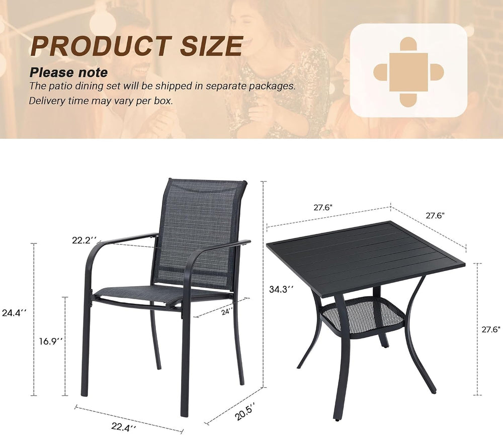 VICLLAX 3PCS Patio Dining Set, 28" Metal Table&2 Stackable Chairs,Grey