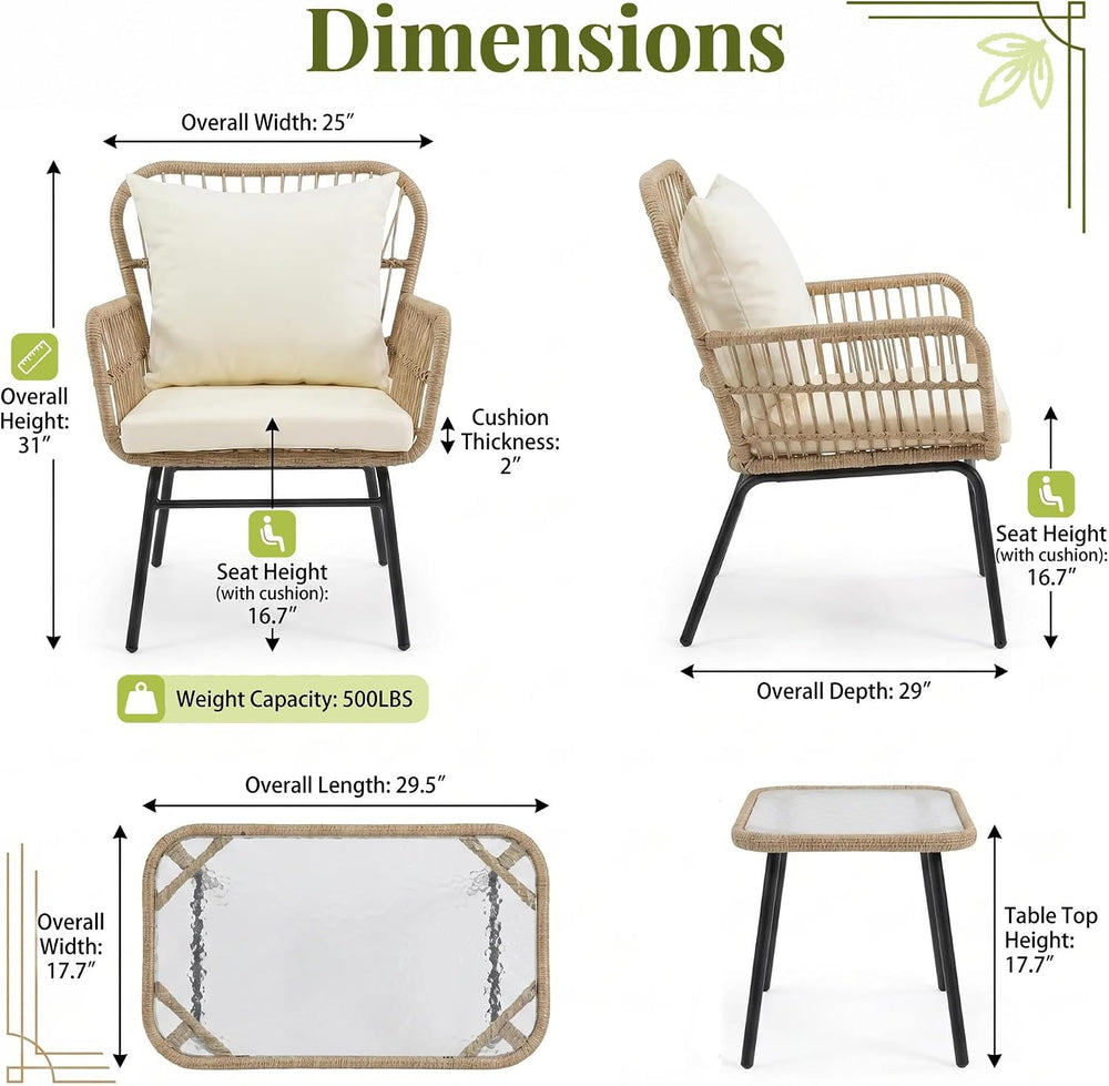 RADIATA 3 Pcs Boho Wicker Patio Chair Set, Outdoor Rattan Bistro Furniture