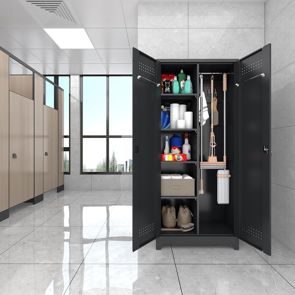 72" Tall Broom Closet Storage Cabinet, Metal Garage Storage Cabinet, Black