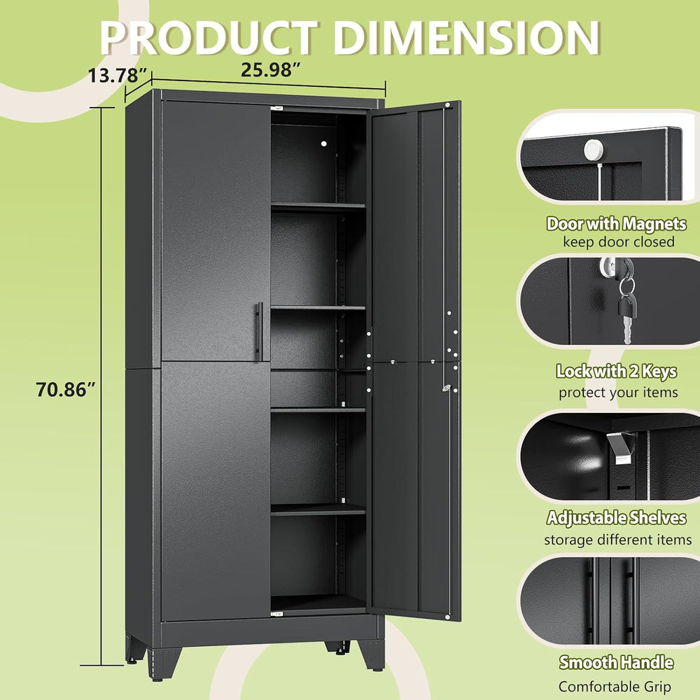 Black Kitchen Pantry Cabinets, 71 Metal Lockable Storage for Office