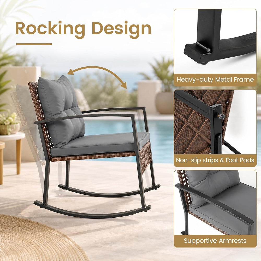 Tangkula 3-Piece Outdoor Rocking Chair Set w/ 2-Tier Glass-Top Side Table