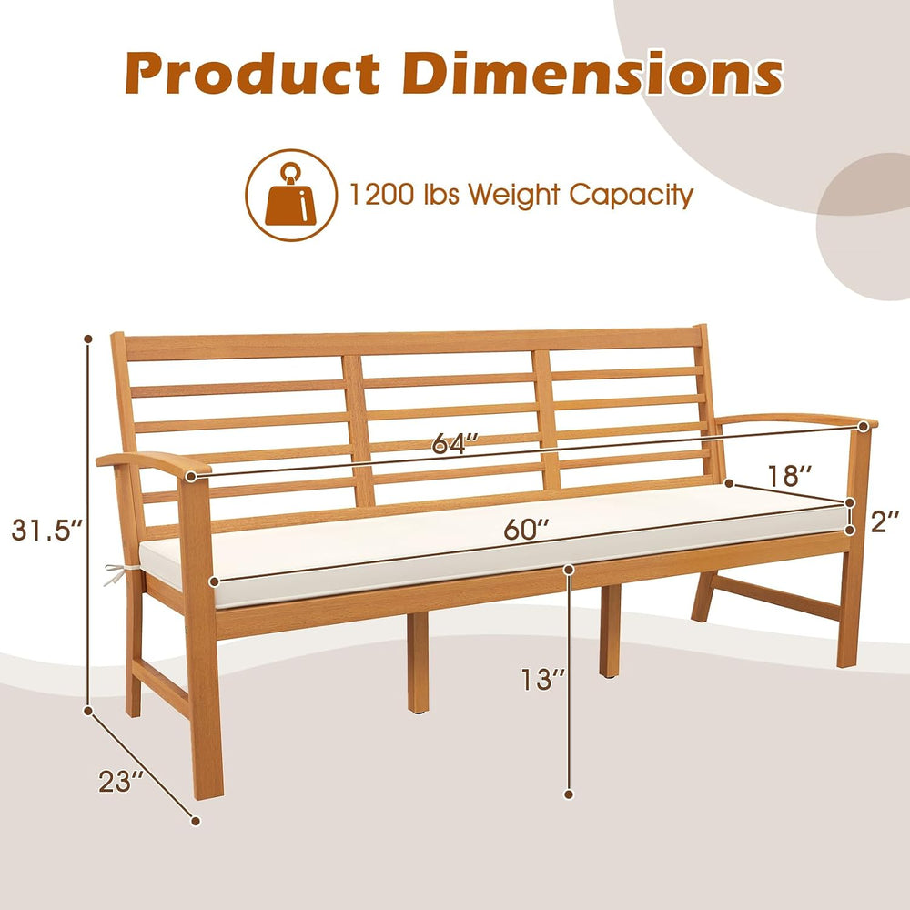 Tangkula 64 Inch Patio Acacia Wood Bench, 3-Seat Extra Long Chair with Cushio...
