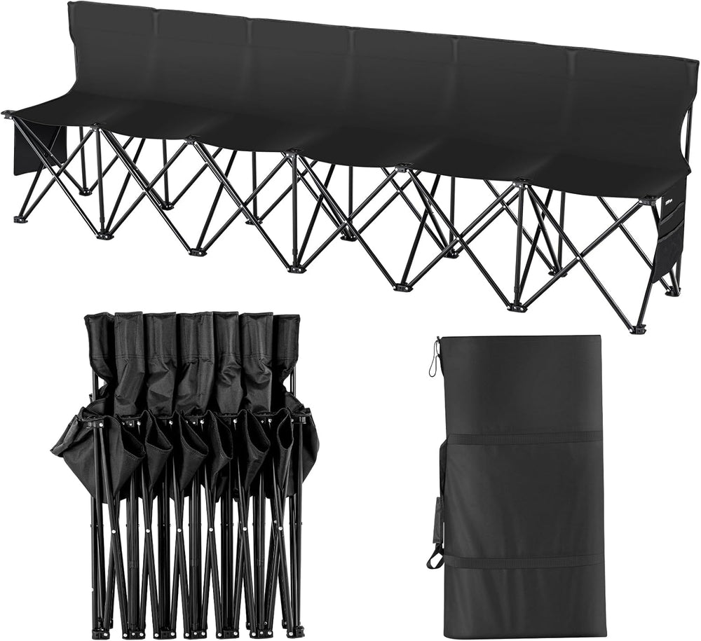 VEVOR Portable Folding Bench 6 Seats Sideline Camping with Backrest Black