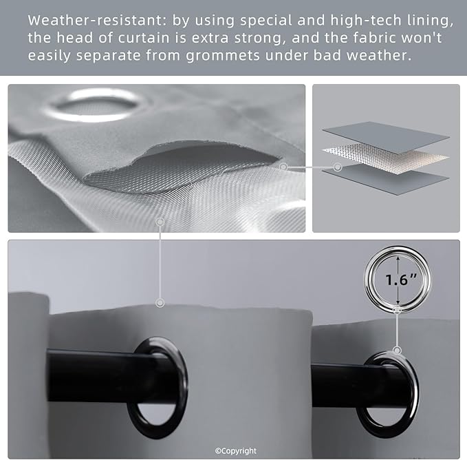 Waterproof Outdoor Curtain W84 x L84 - Grommet Top Sunlight Blocking Window T...