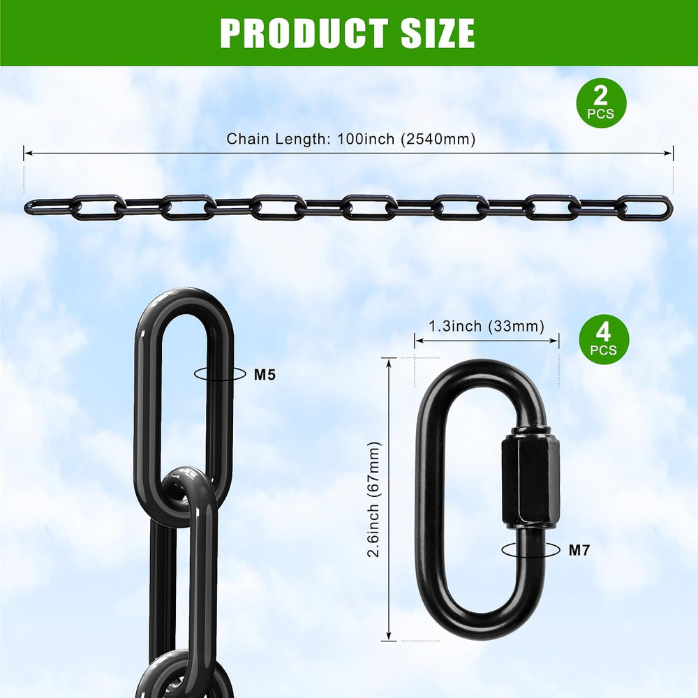2Pcs 100" (8.3ft) Swing Chain with Hooks 1000 LBs Capacity Black Coated ...