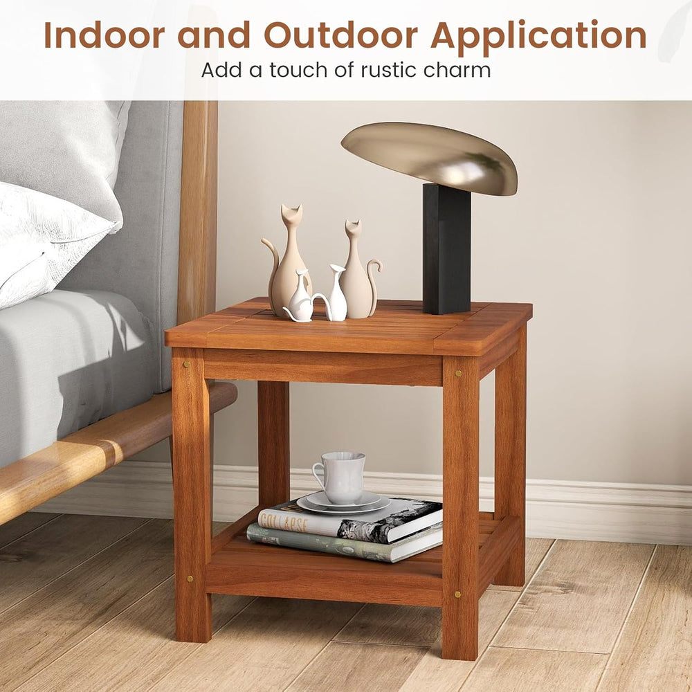 HAPPYGRILL 2-Tier Outdoor Wood Side Table with Storage Shelf, Patio Wooden En...