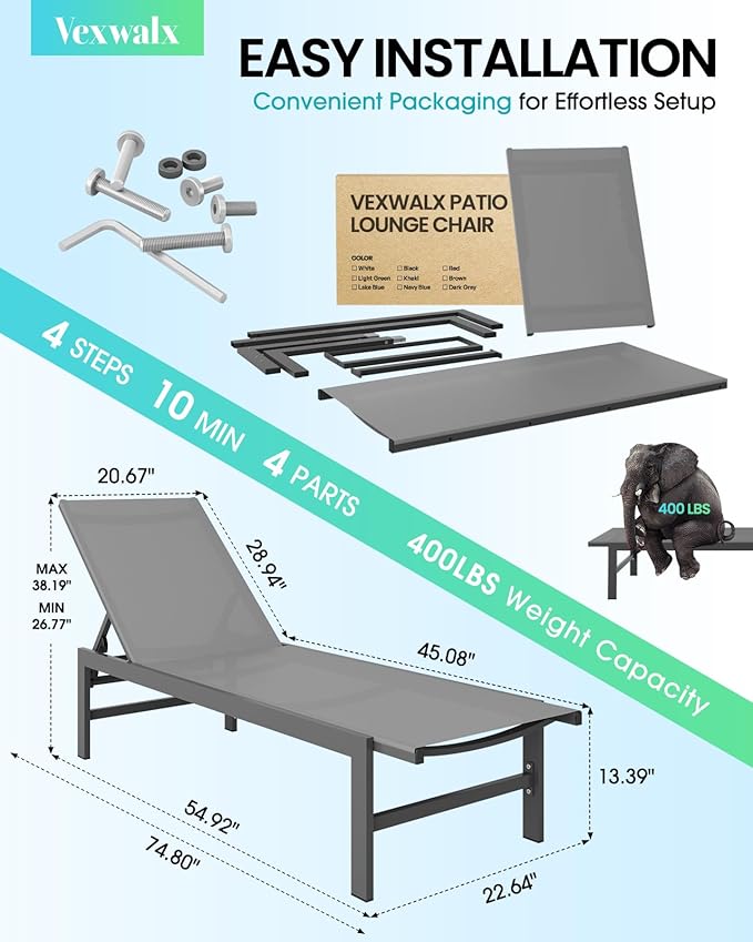 Outdoor Lounge Chair for Pool, Aluminum Chaise Lounge Chairs with 5-Position ...