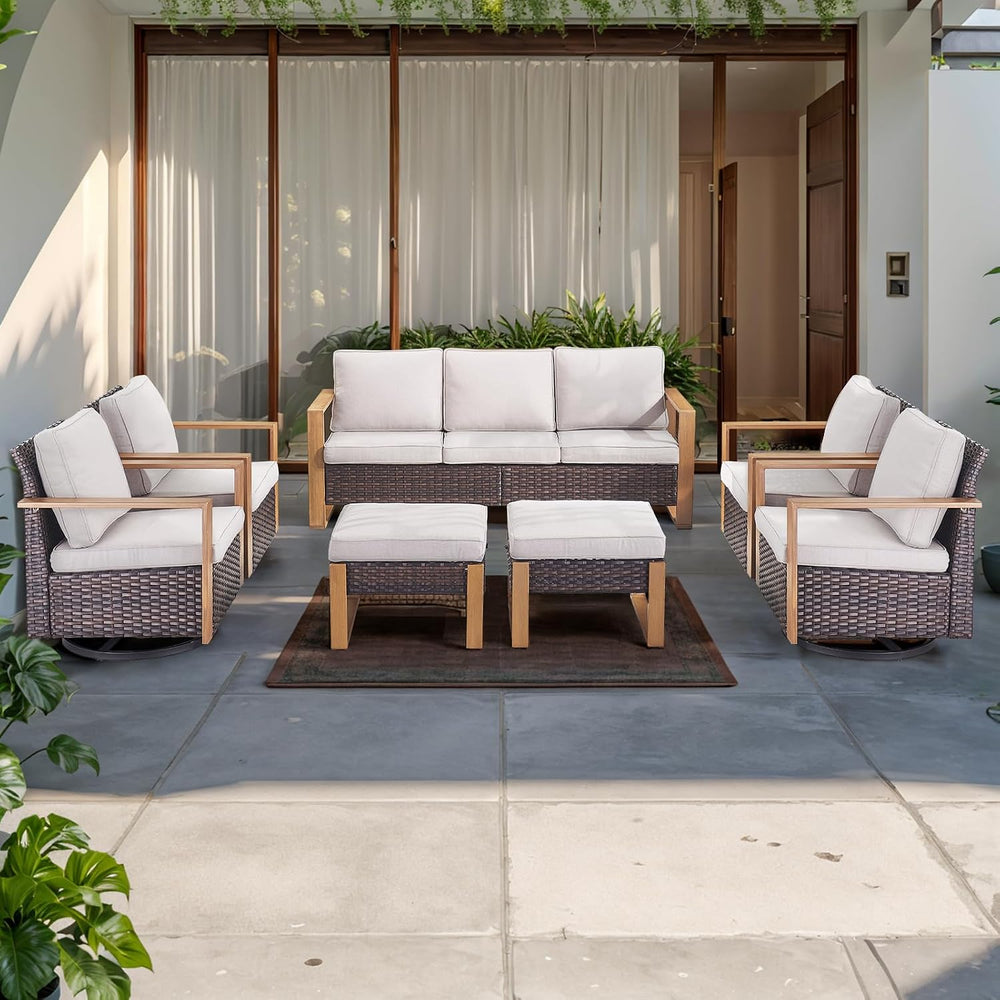 Brown Outdoor Wicker Patio Furniture Set of 7 with Ottomans, Rattan Couch