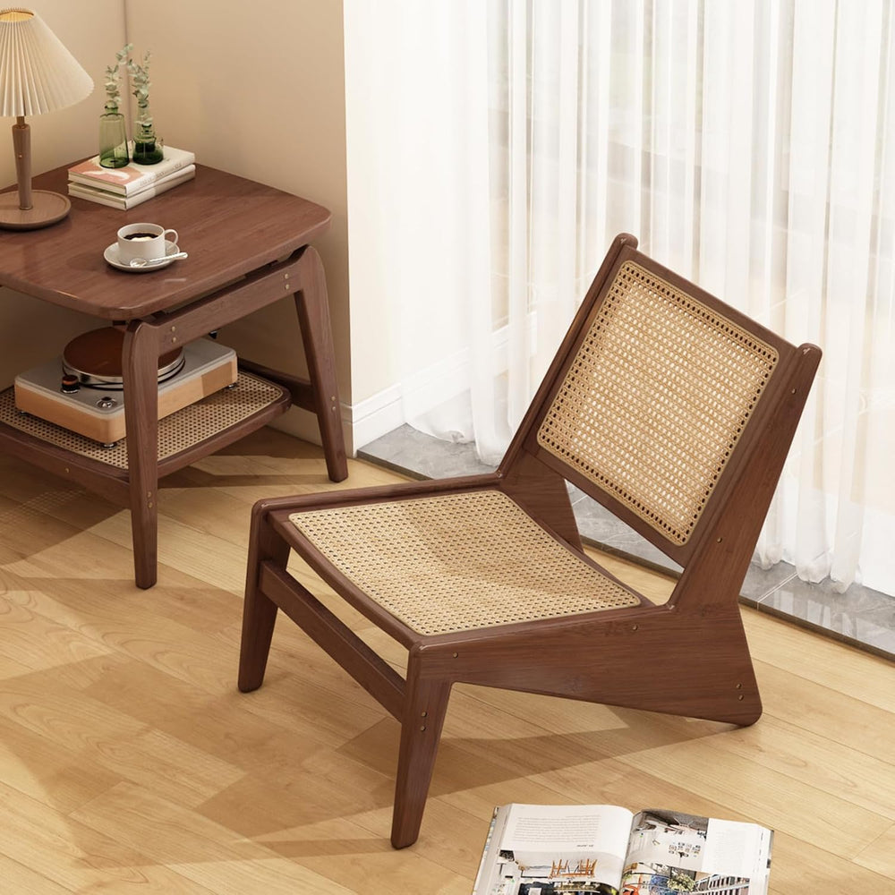 Rattan Accent Chair, Compact Low-Profile Bamboo Chair in Walnut