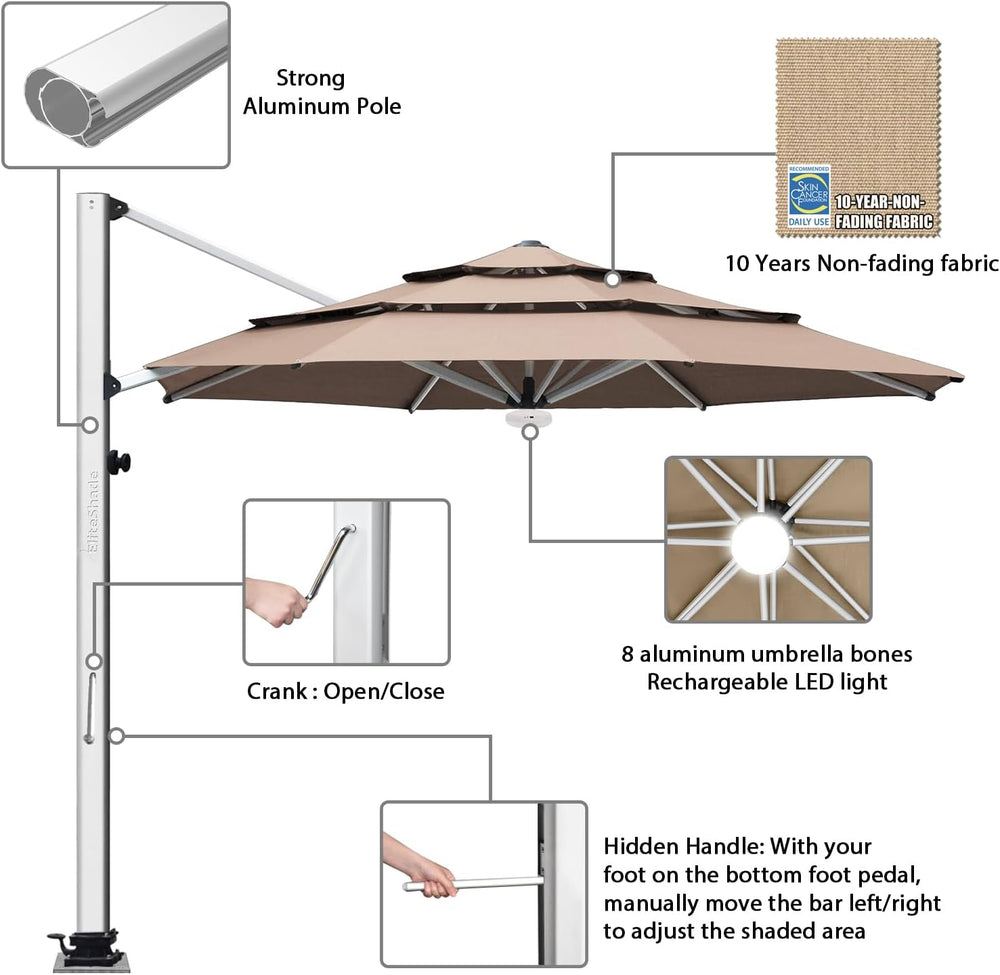 EliteShade USA APOLLO 3-Tier 11FT Full Aluminum Cantilever Patio Umbrella for...