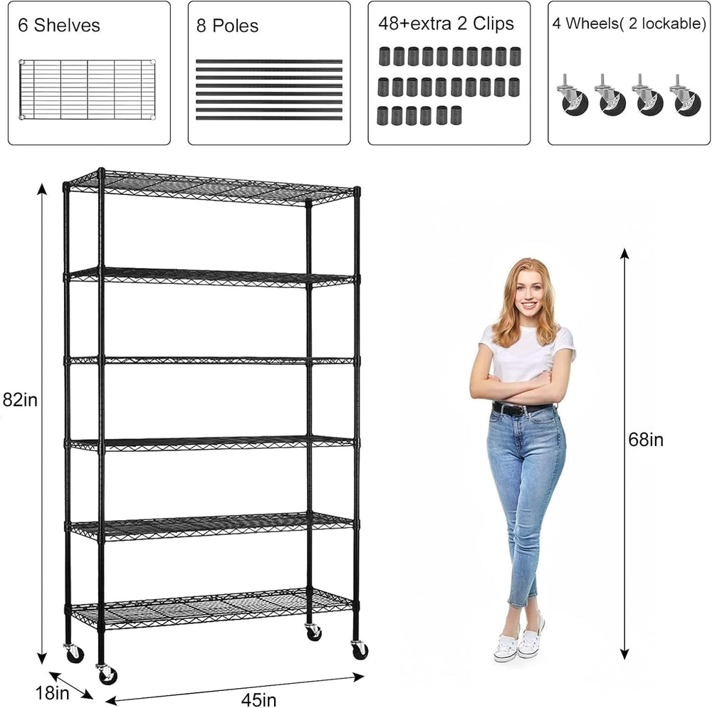 Wire Shelving Unit with Wheels, 6 Tier Adjustable Storage Shelves