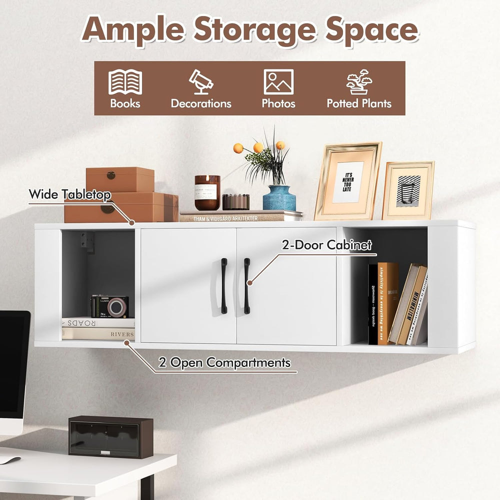 GIANTEX Wall Mounted Storage Cabinet, 2 Cube Floating Desk with Doors,White