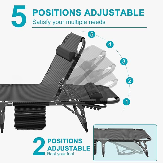 ABORON Chaise Lounge Chair,5 Positions Padded Outdoor Tanning Chair,Heavy Dut...