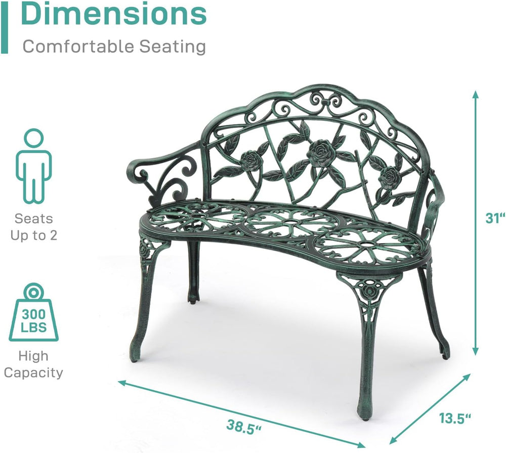VINGLI 38.5" Patio Park Garden Outdoor Metal Rose Bench, 2-Person Cast I...