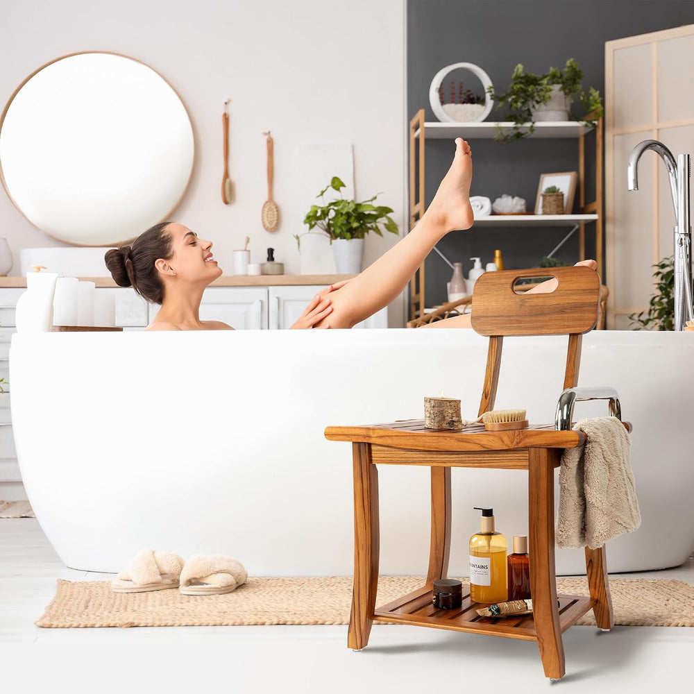 Teak Shower Bench Seat with Handles and Backrest, 19" Solid Wood Shower ...