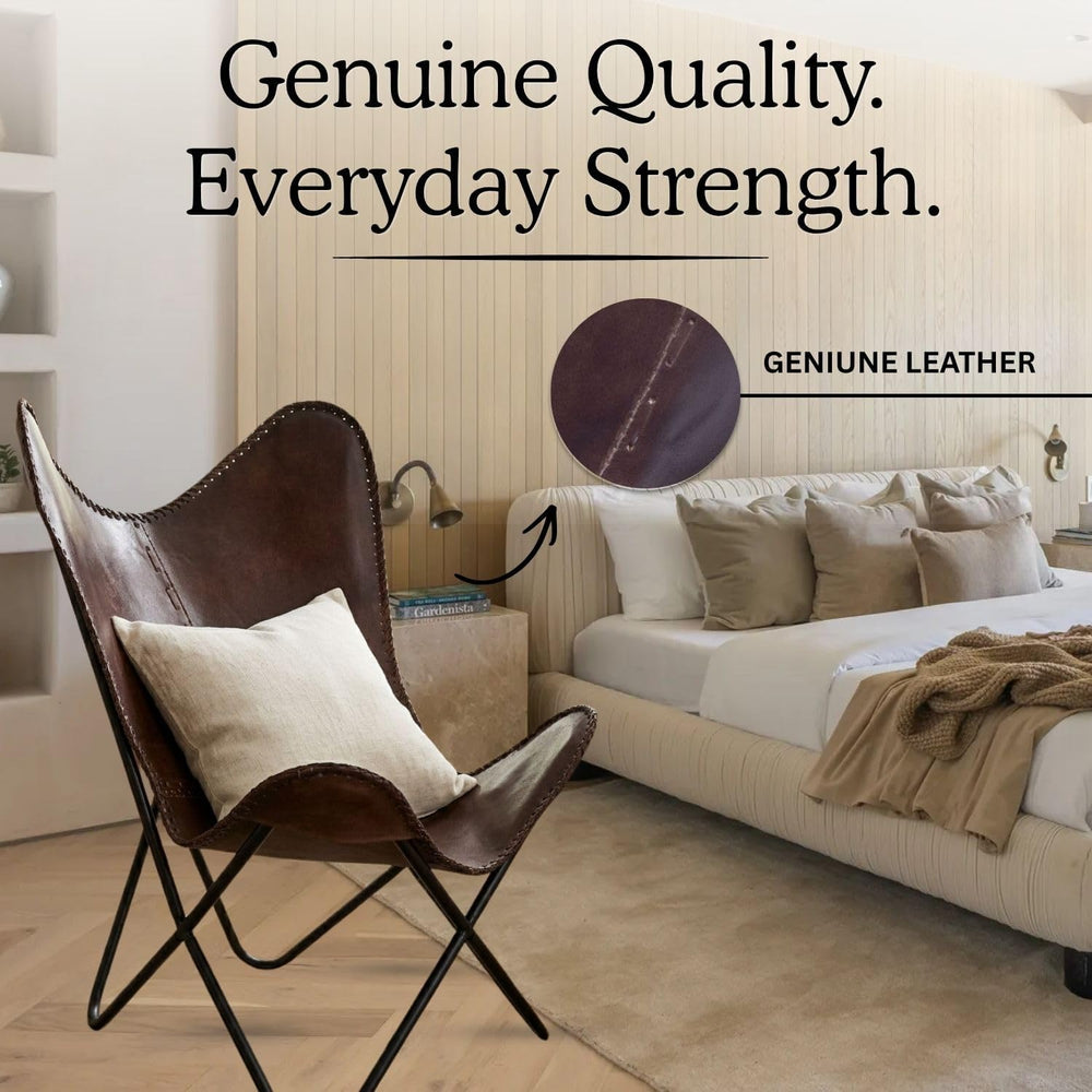 Indian Hando Art Vintage Brown Leather & Arm Butterfly Chair | Genuine Ta...