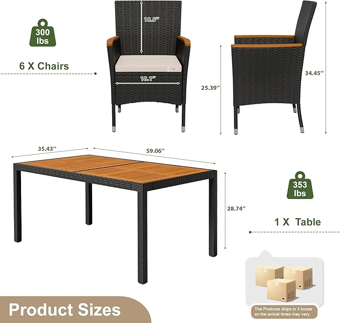Devoko Dining 7 PCS Furniture, Patio Conversation Set with Acacia Wood Table ...